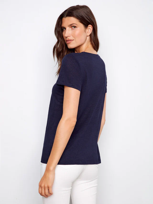Charlie B-C1231ZPK-117-Linen V-Neck T Shirt-Navy - Image 3