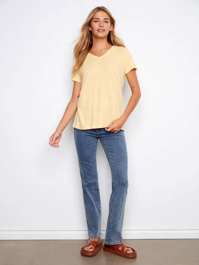 Charlie B-C1231ZPK-386-Linen V-Neck T Shirt-Sunshine - Image 2