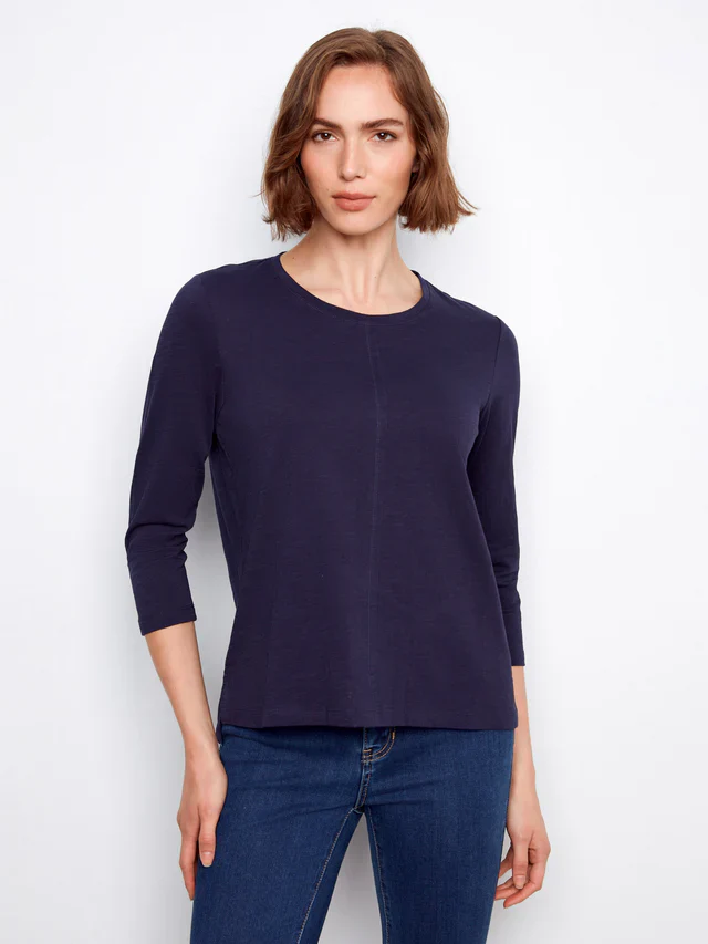 Charlie B-C1293TPK-117-3/4 Sleeve Organic Cotton Jersey Top-Navy - Image 2