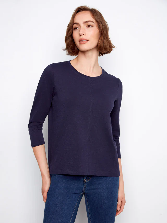 Charlie B-C1293TPK-117-3/4 Sleeve Organic Cotton Jersey Top-Navy - Image 3