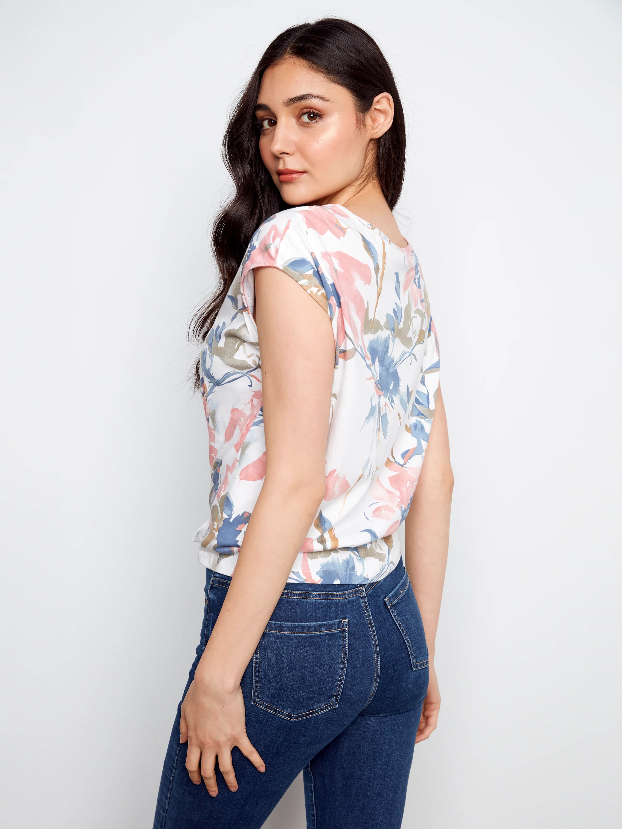 Charlie B-C1301YPK-P164-Cap Sleeve Front Knot Top-Artist - Image 3