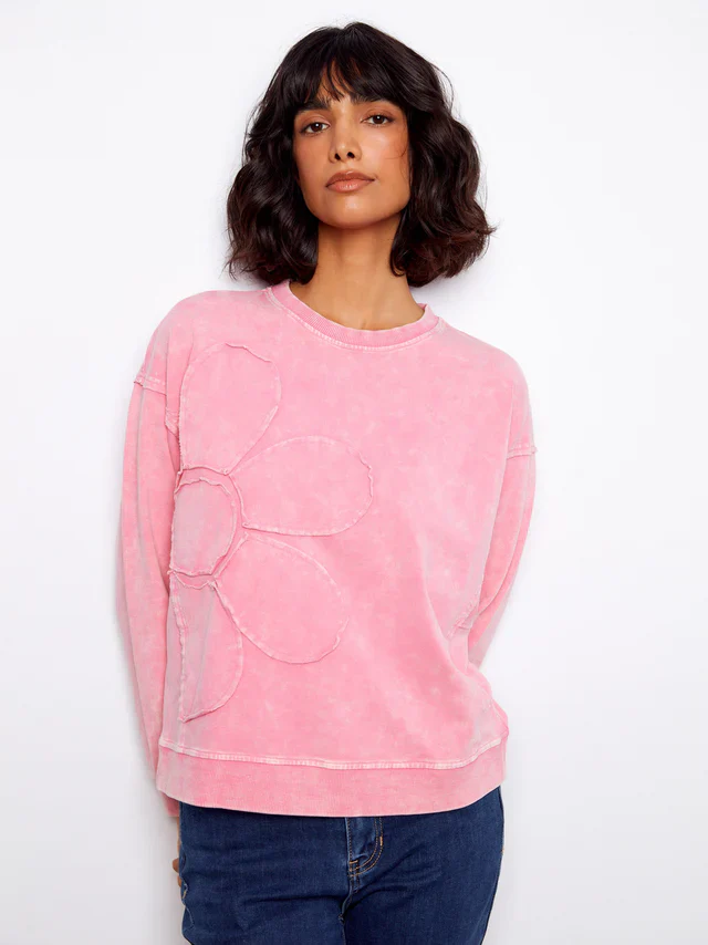 Charlie B-C1417-387-Long Sleeve Top W/Flower Applique-Candy - Image 5