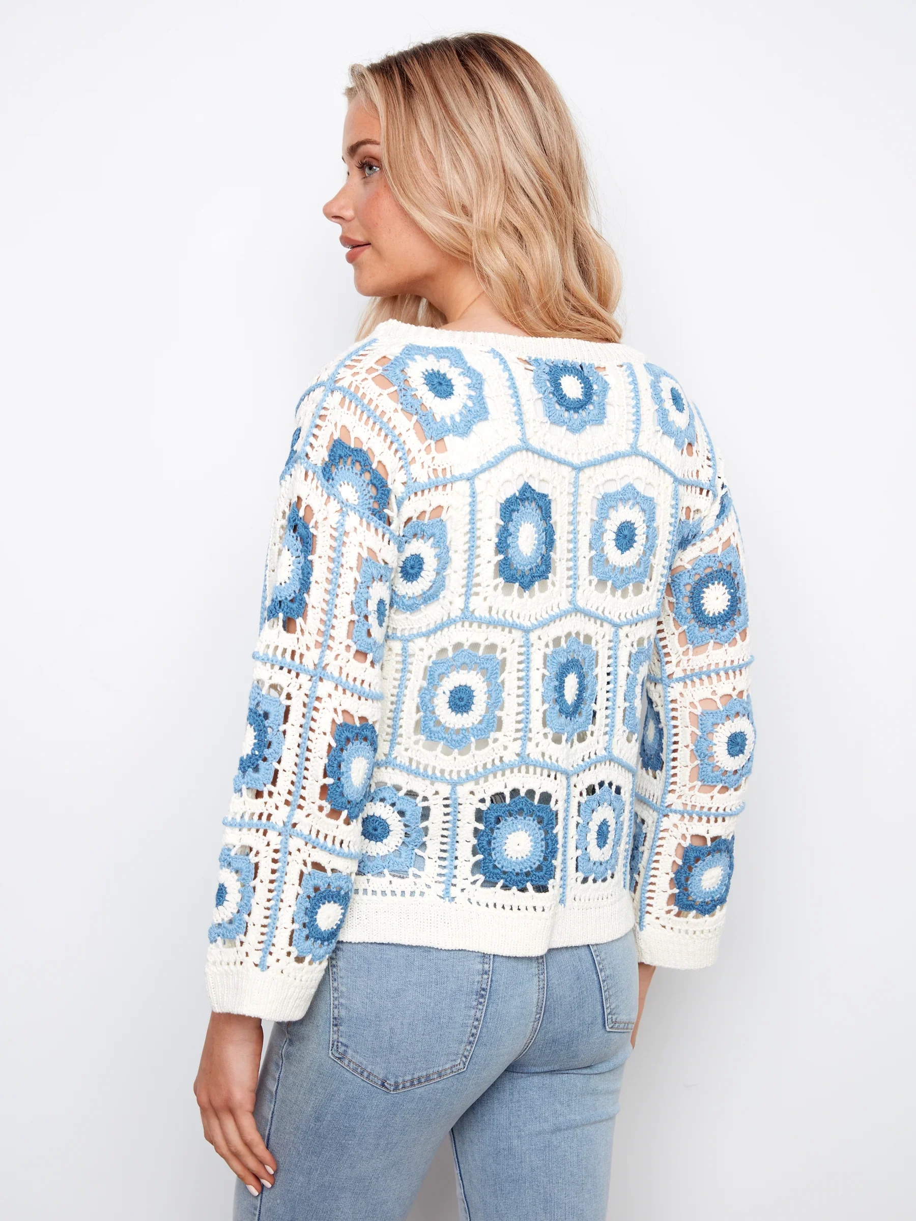 Charlie B-C2940-P256-Drop Shoulder Granny Squares Crochet Sweater-Jeans - Image 8