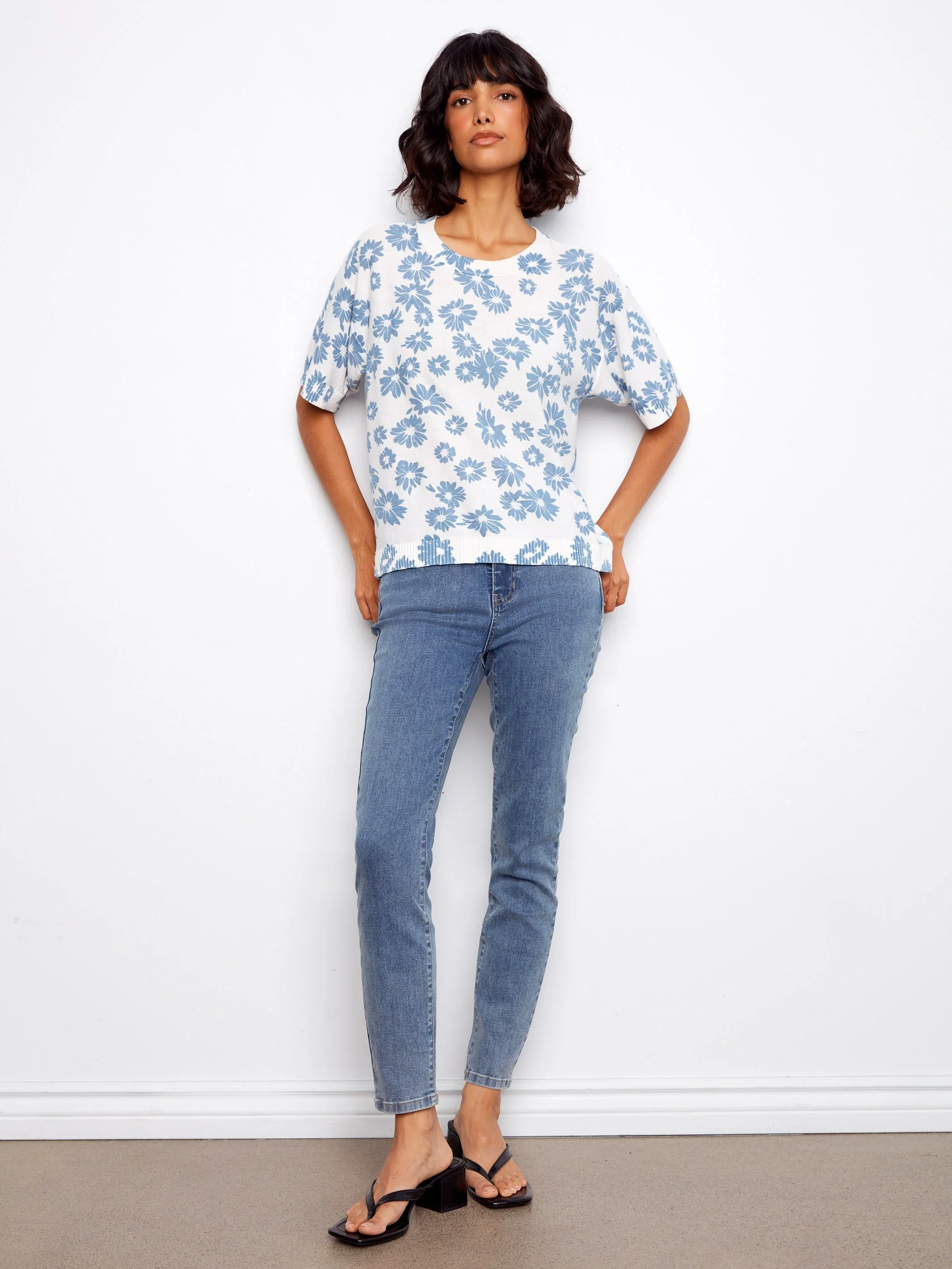 Charlie B-C2947P-P629-Reversible Printed S/S Crew Neck Sweater-Petals - Image 2