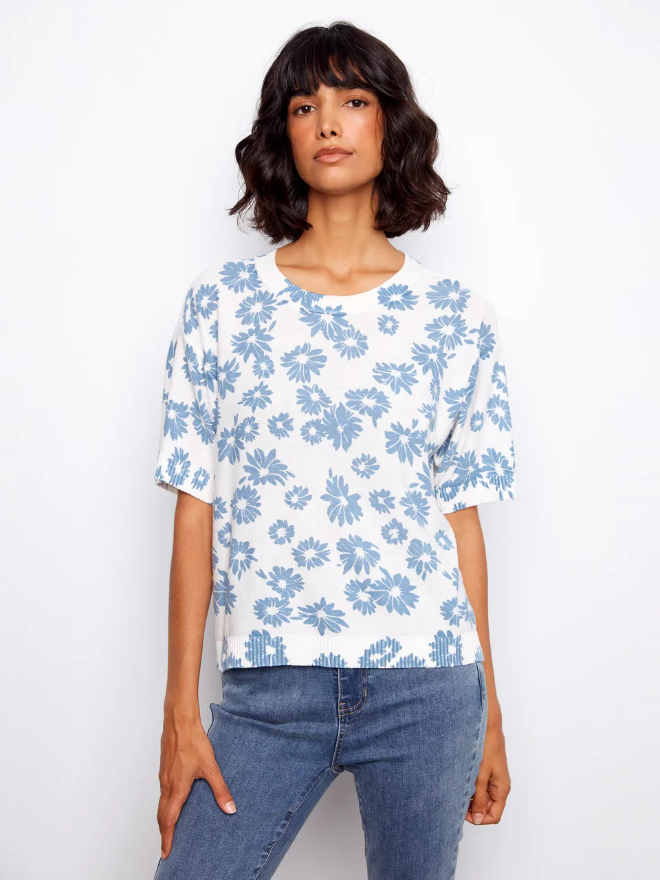 Charlie B-C2947P-P629-Reversible Printed S/S Crew Neck Sweater-Petals - Image 3