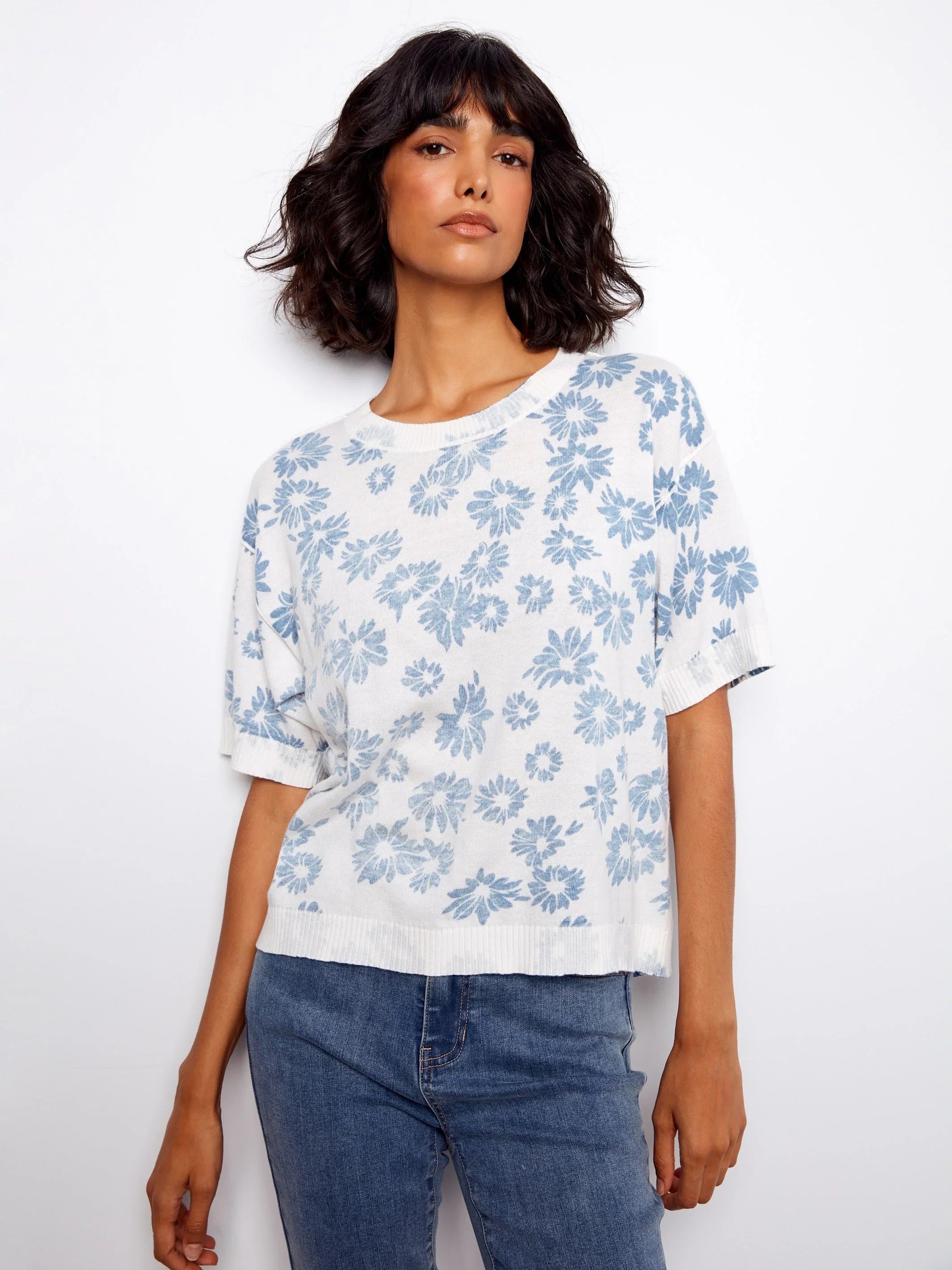 Charlie B-C2947P-P629-Reversible Printed S/S Crew Neck Sweater-Petals - Image 4