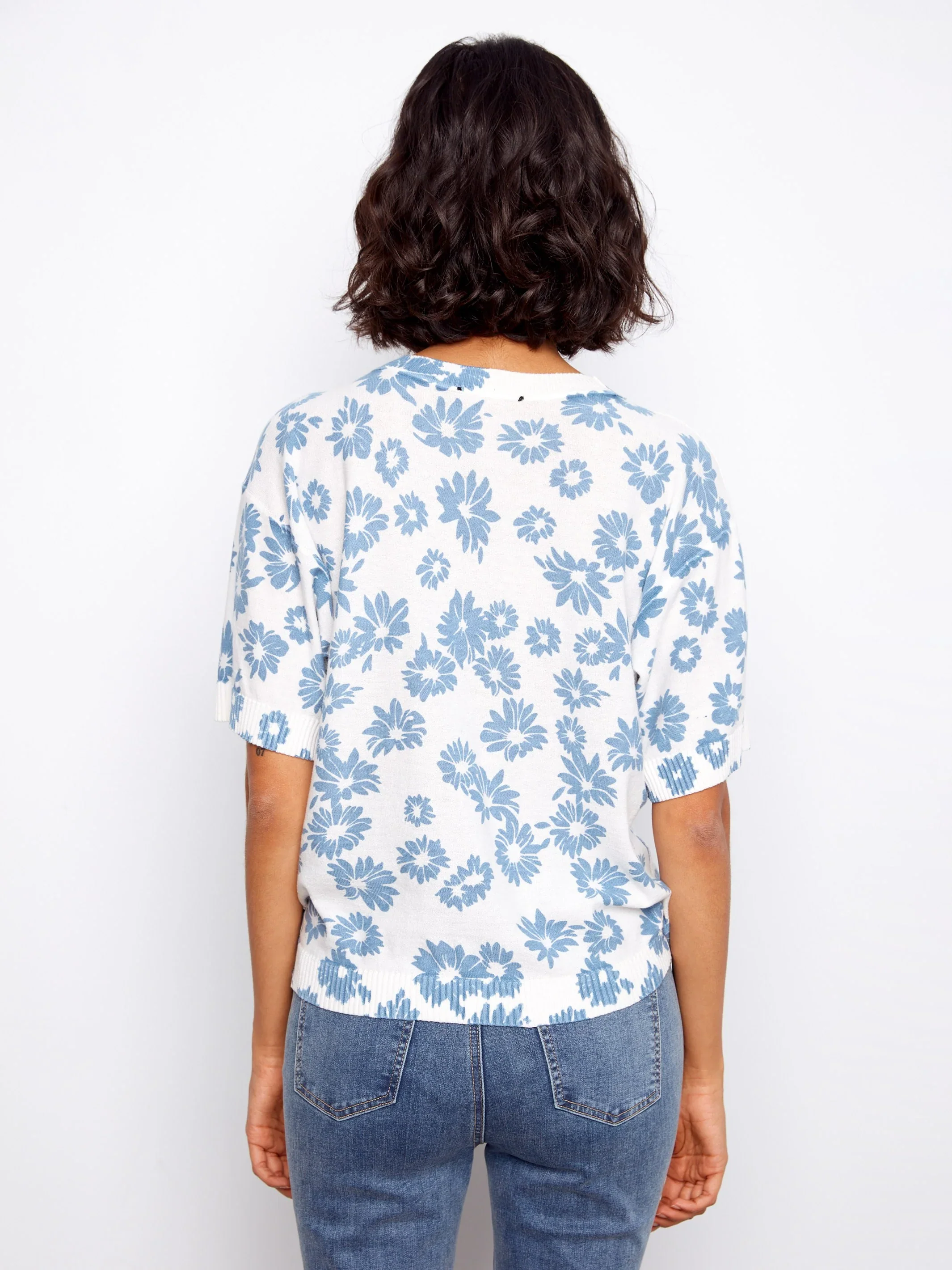 Charlie B-C2947P-P629-Reversible Printed S/S Crew Neck Sweater-Petals - Image 5