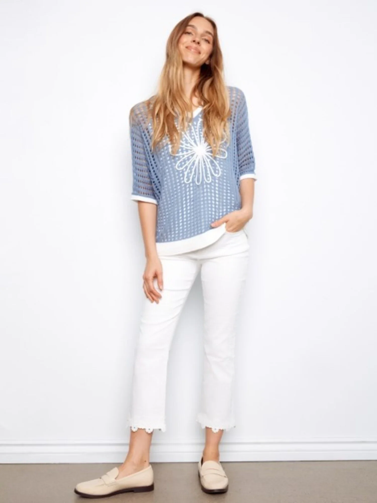 Charlie B-C2953-012-Fishnet Dolman Elbow Sleeve Sweater-Haze - Image 2