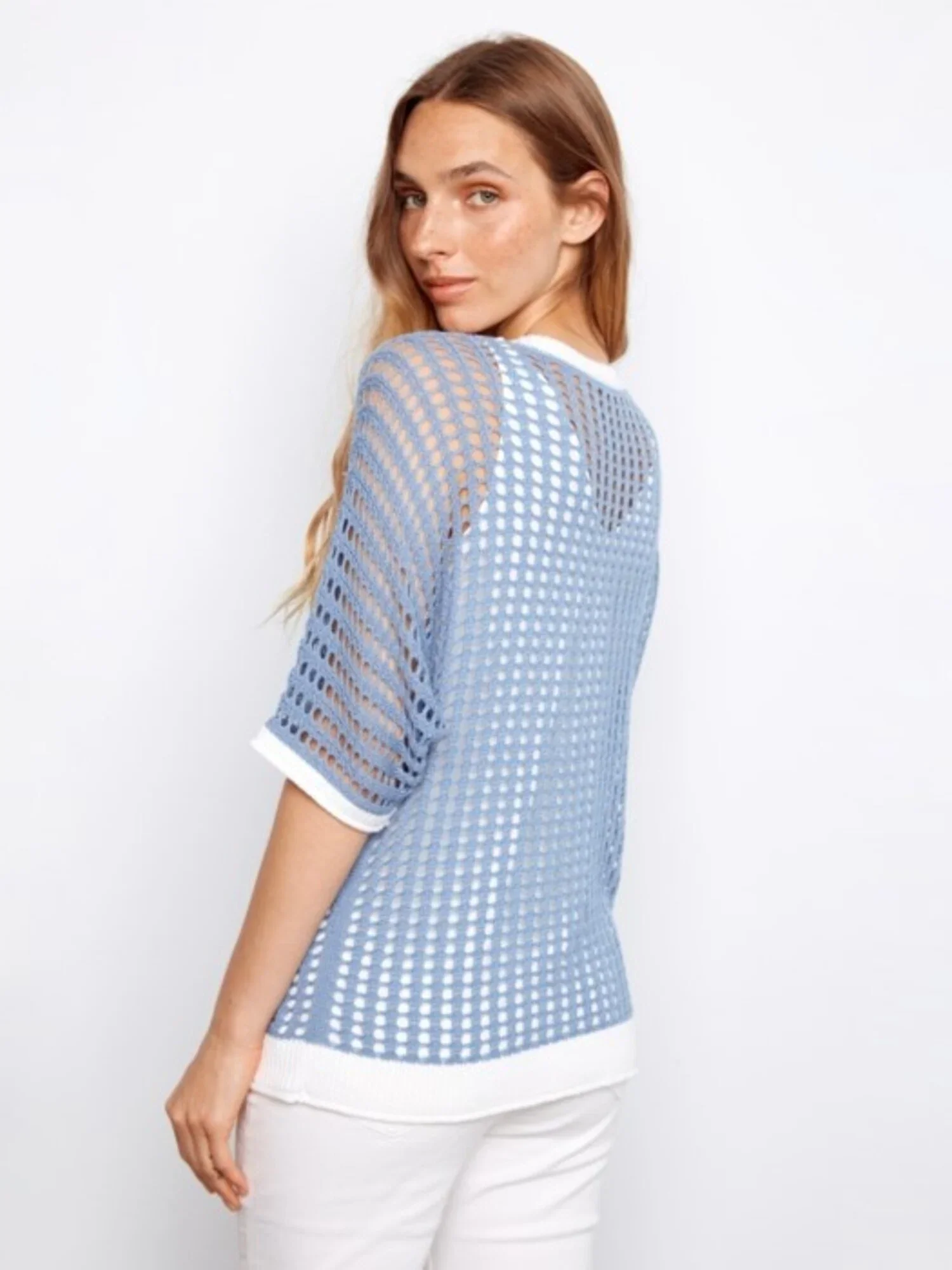 Charlie B-C2953-012-Fishnet Dolman Elbow Sleeve Sweater-Haze - Image 3