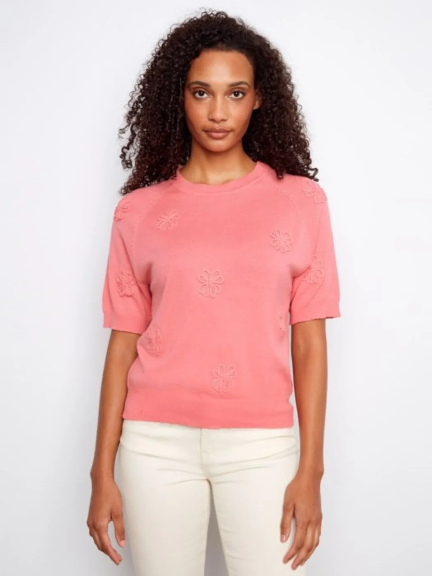 Charlie B-C2969-298-Raglan Elbow Sleeve Sweater W/Flowers Soutache Detail-Sorbet - Image 3