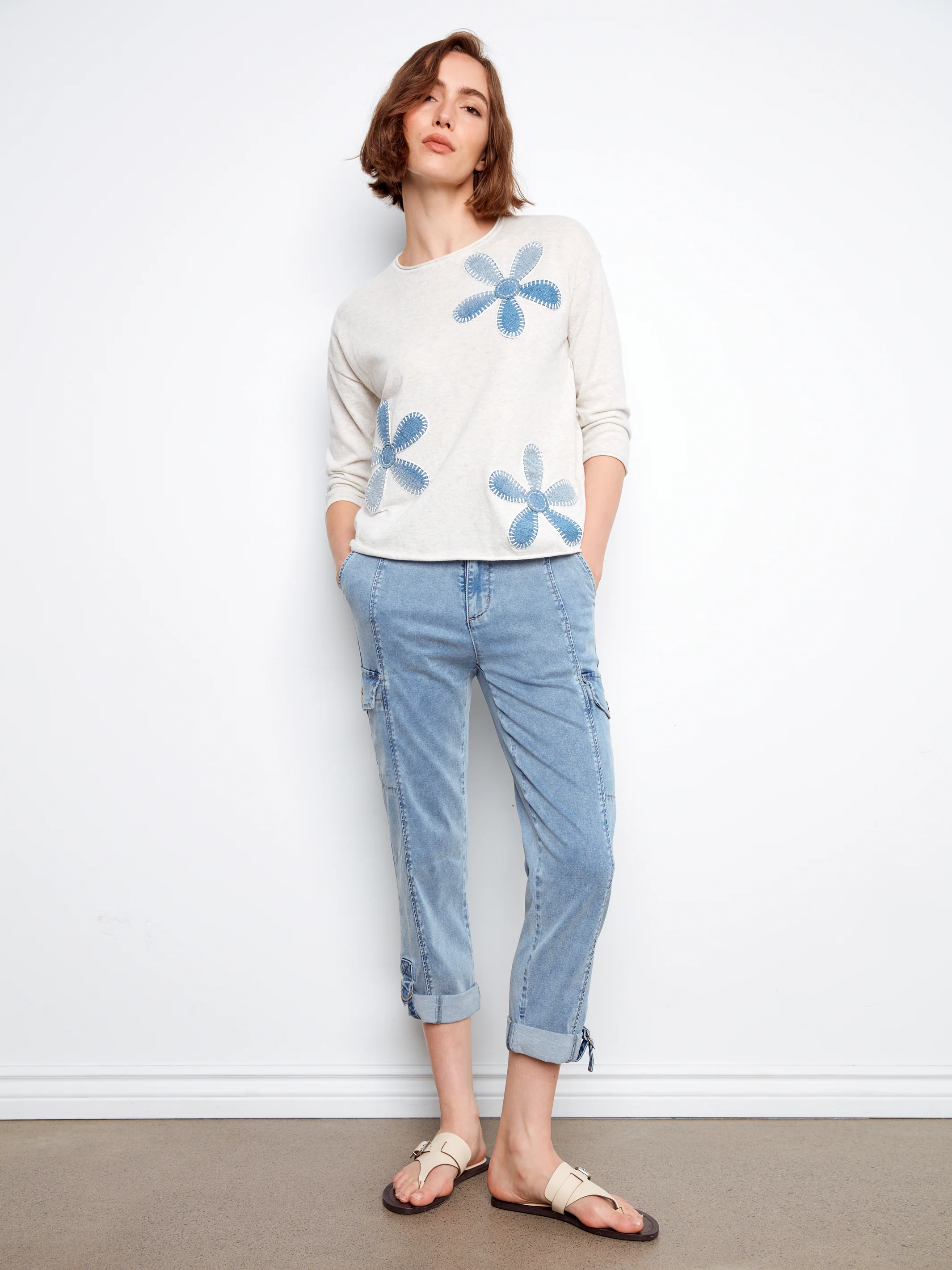 Charlie B-C2975-P371-Crew Neck Sweater W/Placed Denim Patches-H-Oat - Image 4