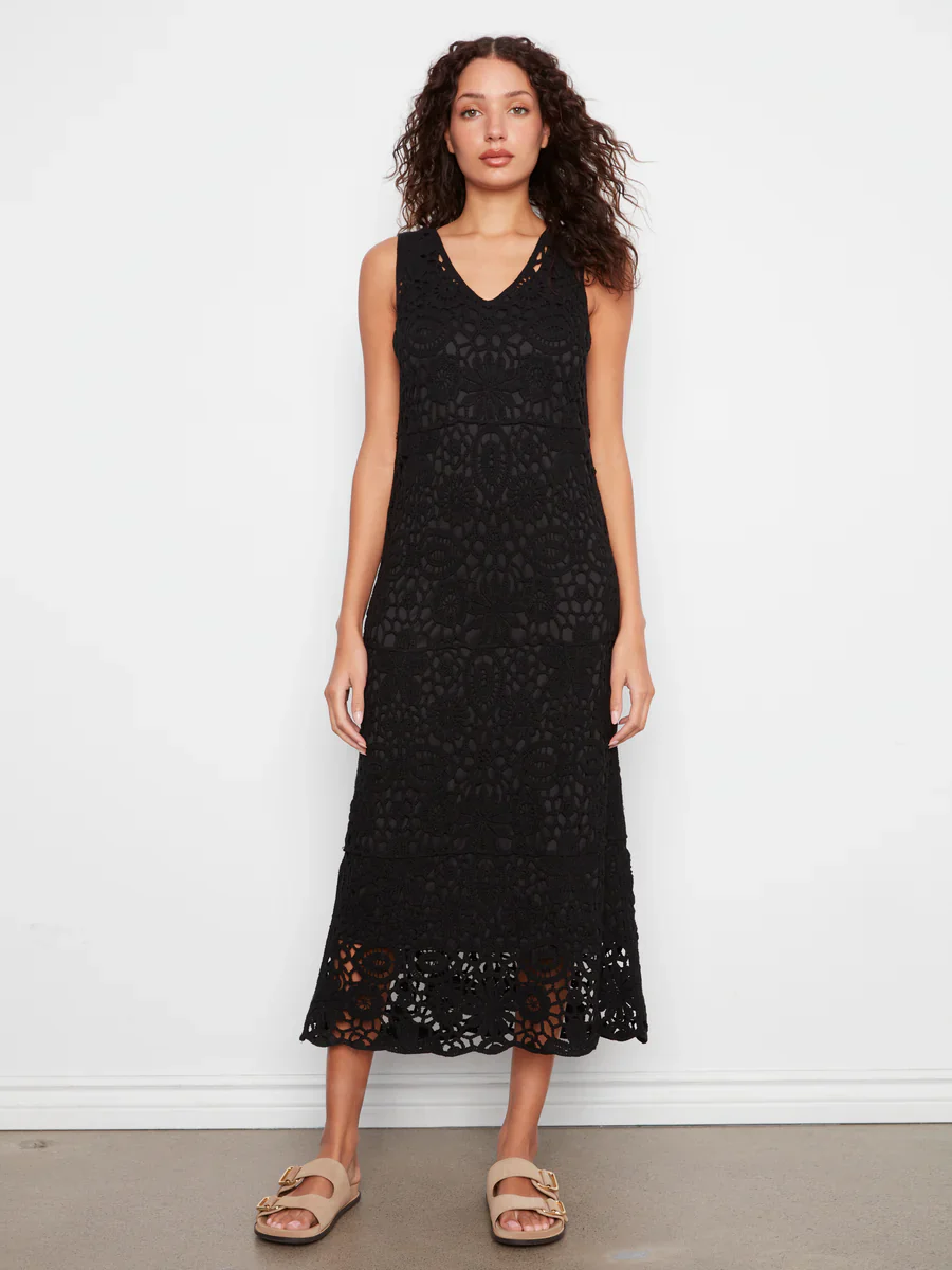 Charlie B-C3203B-001-Sleeveless V Neck Lined Crochet Dress-Black