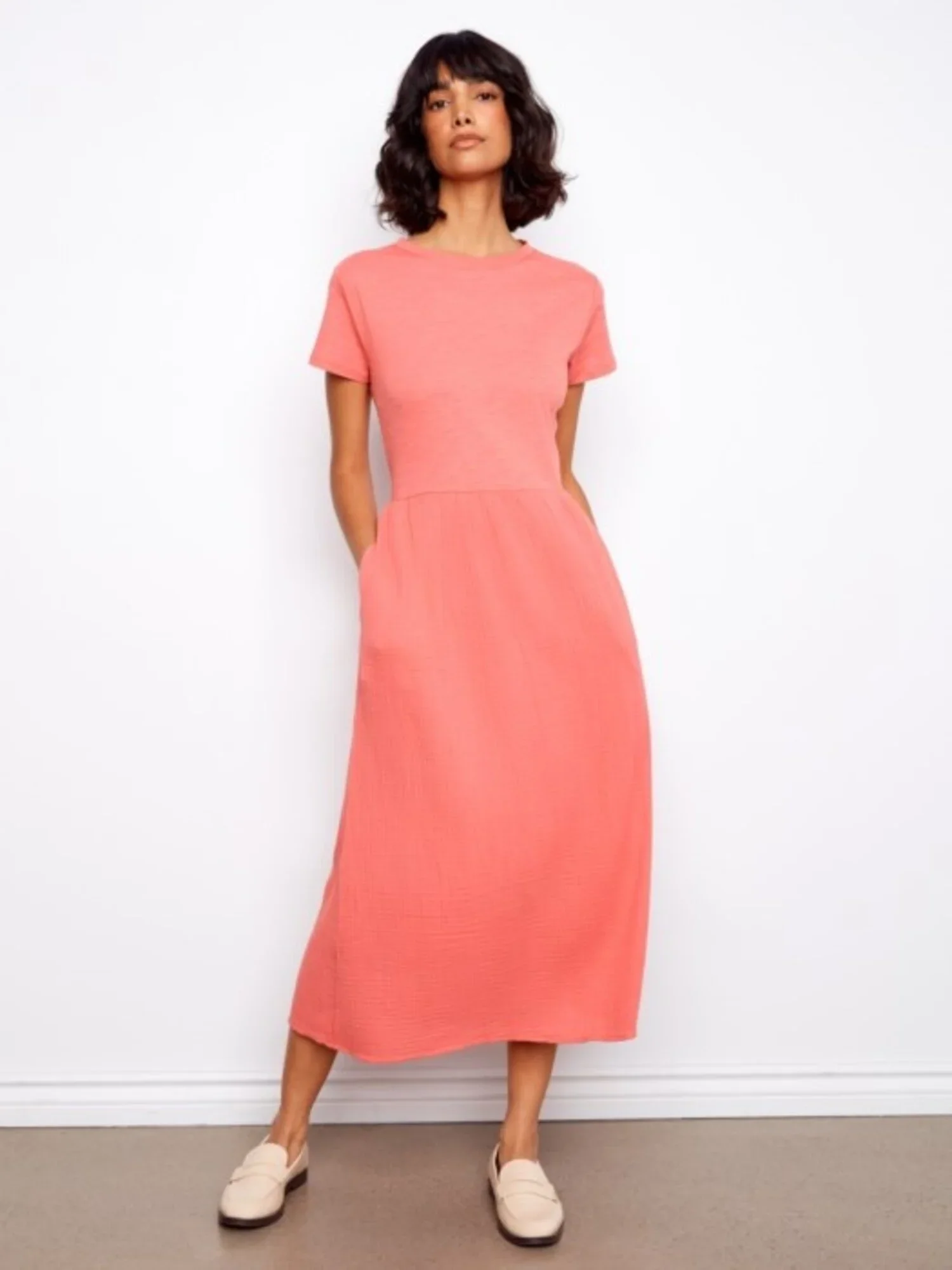 Charlie B-C3232-298-S/S Crew Neck Long Dress-Sorbet - Image 2