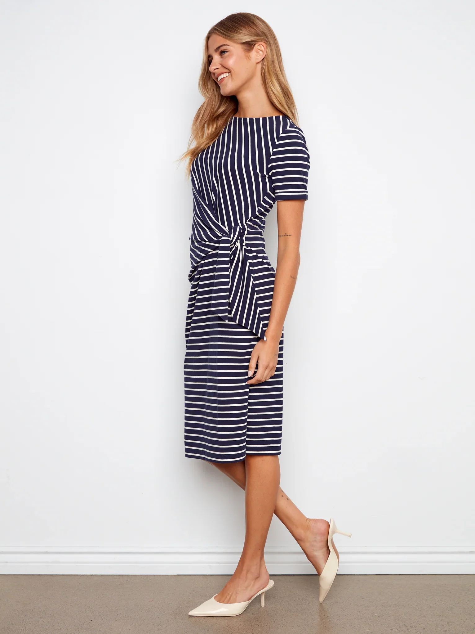 Charlie B-C3250T-P117-Striped Boat Neck Dress W/Tie-Navy - Image 3