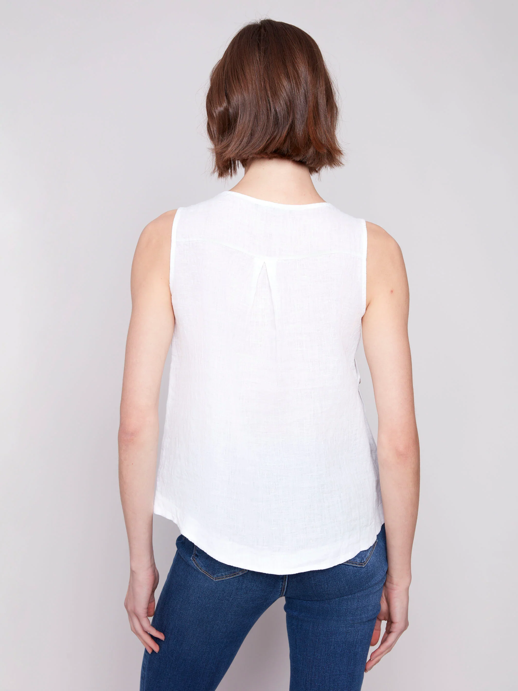 Charlie B-C4425TR-002-Linen Sleeveless Blouse W/Side Buttons-White - Image 5