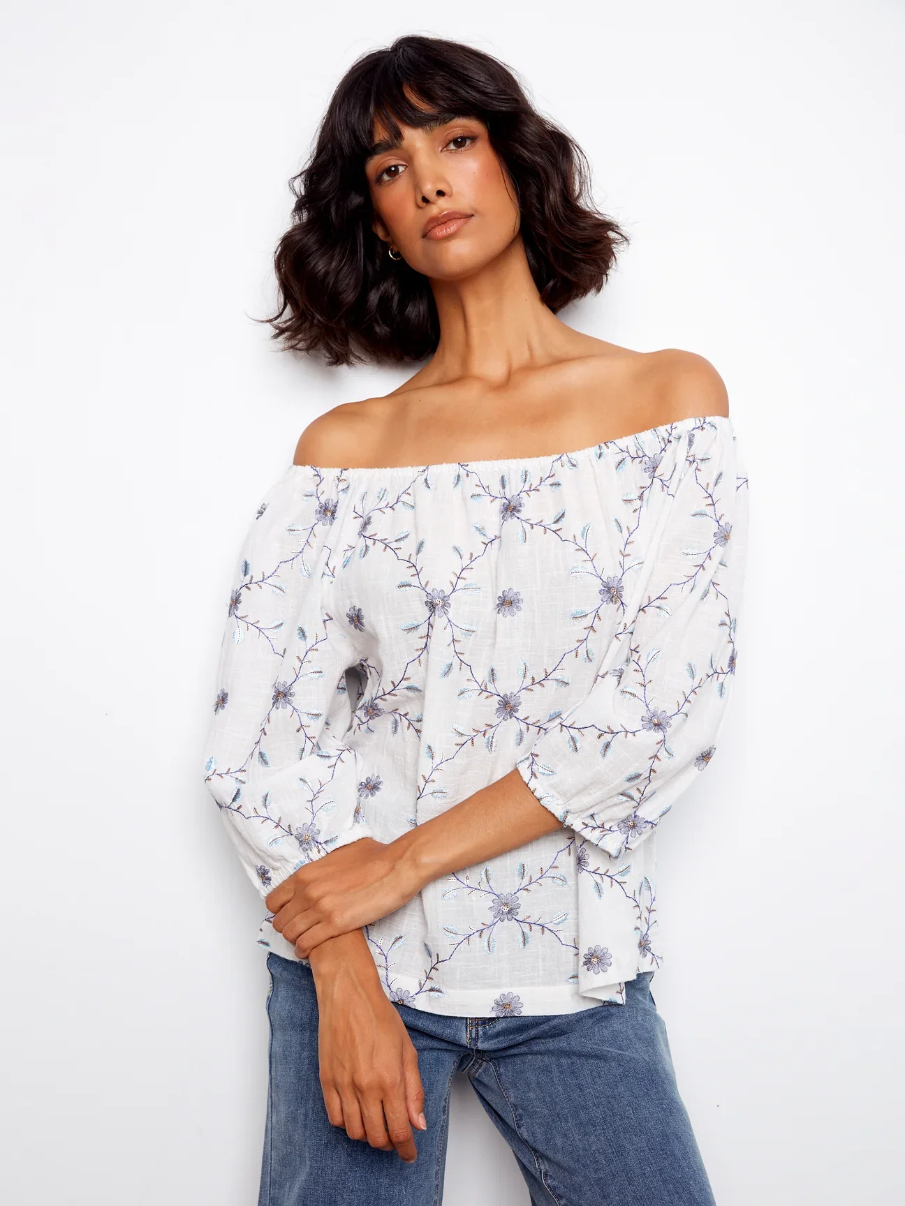 Charlie B-C4527RR-P095-Embroidered Cotton Off Shoulder Blouse-Daisy - Image 4