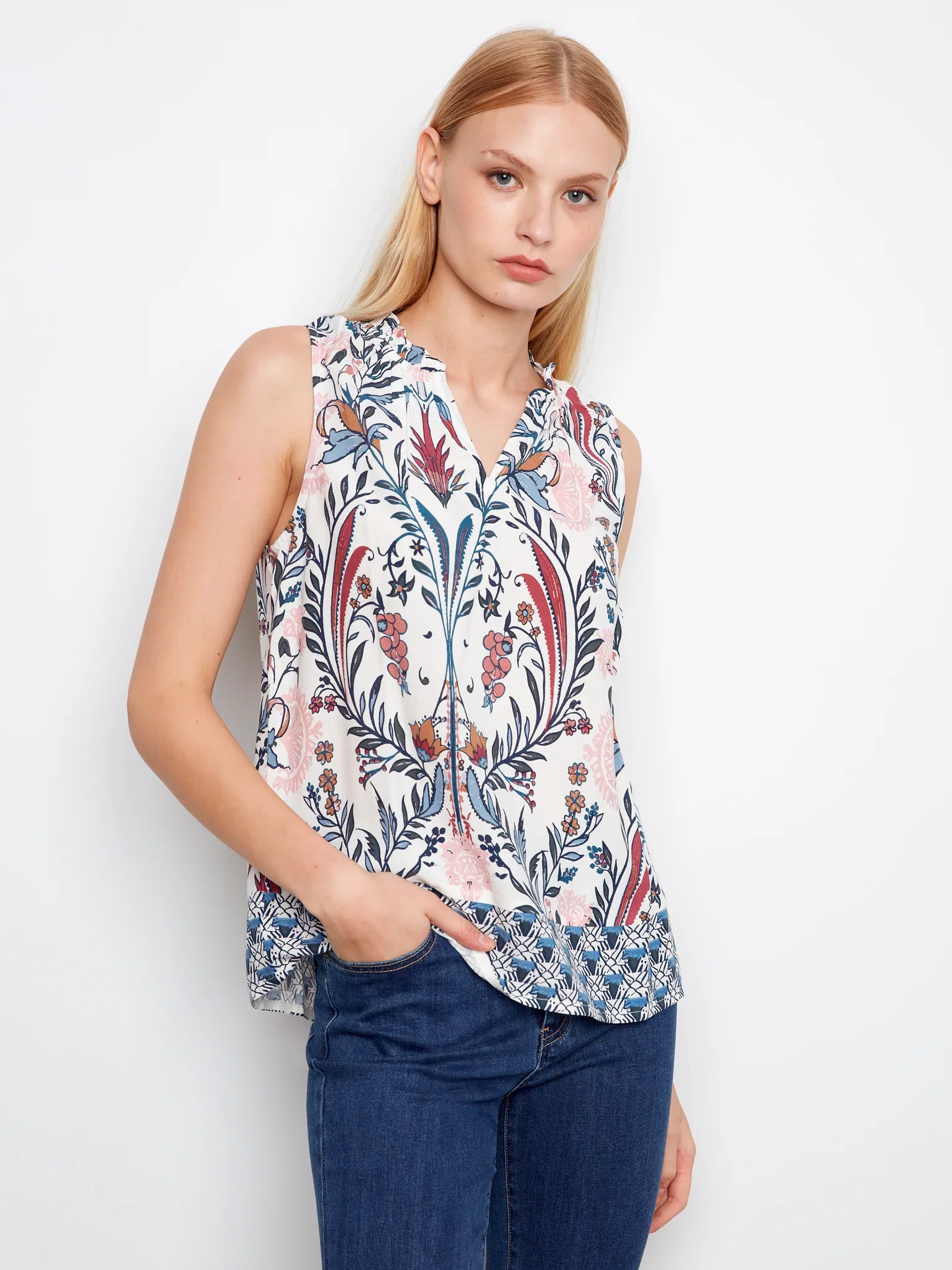 Charlie B-C4529B-P143-Border Print Ruffle Neck Sleeveless Top-Bella - Image 3