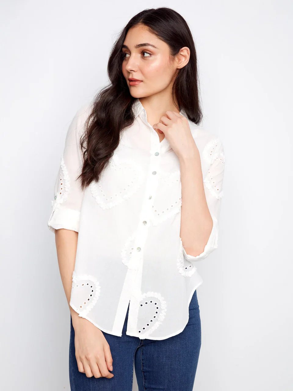 Charlie B-C4652E-002-Textured Fabric Button Down Blouse-White - Image 4