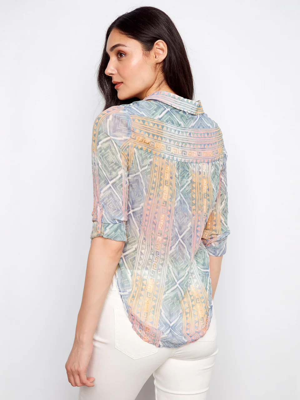 Charlie B-C4652F-P326-Foiled Printed Crinkle Blouse-Marigold - Image 4