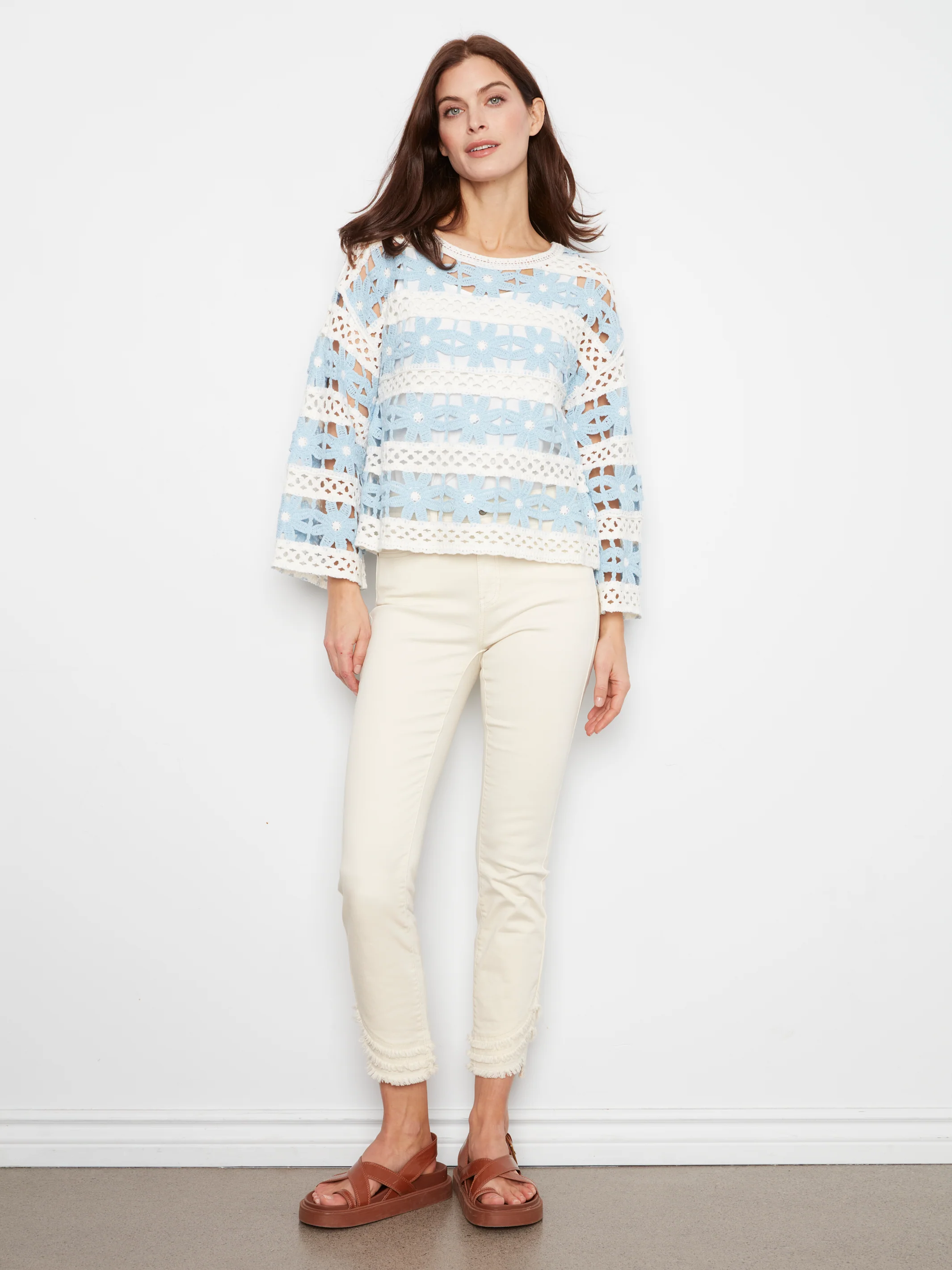 Charlie B-C4674E-P239-Long Sleeve Crochet Top-Blue Bell - Image 5