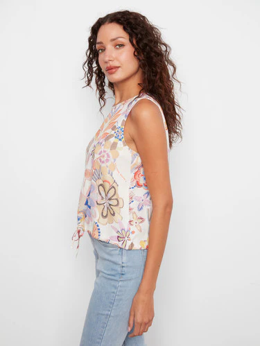 Charlie B-C4696P-P509-Printed Sleeveless Top W/Drawcord At Hem-Maui - Image 3