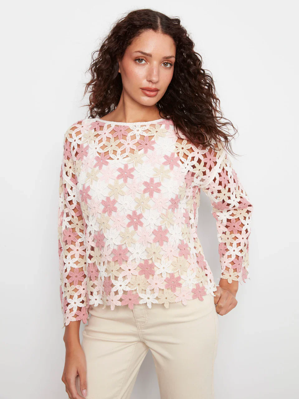 Charlie B-C4706-P010-Crochet Flower Blouse-Carnation - Image 3