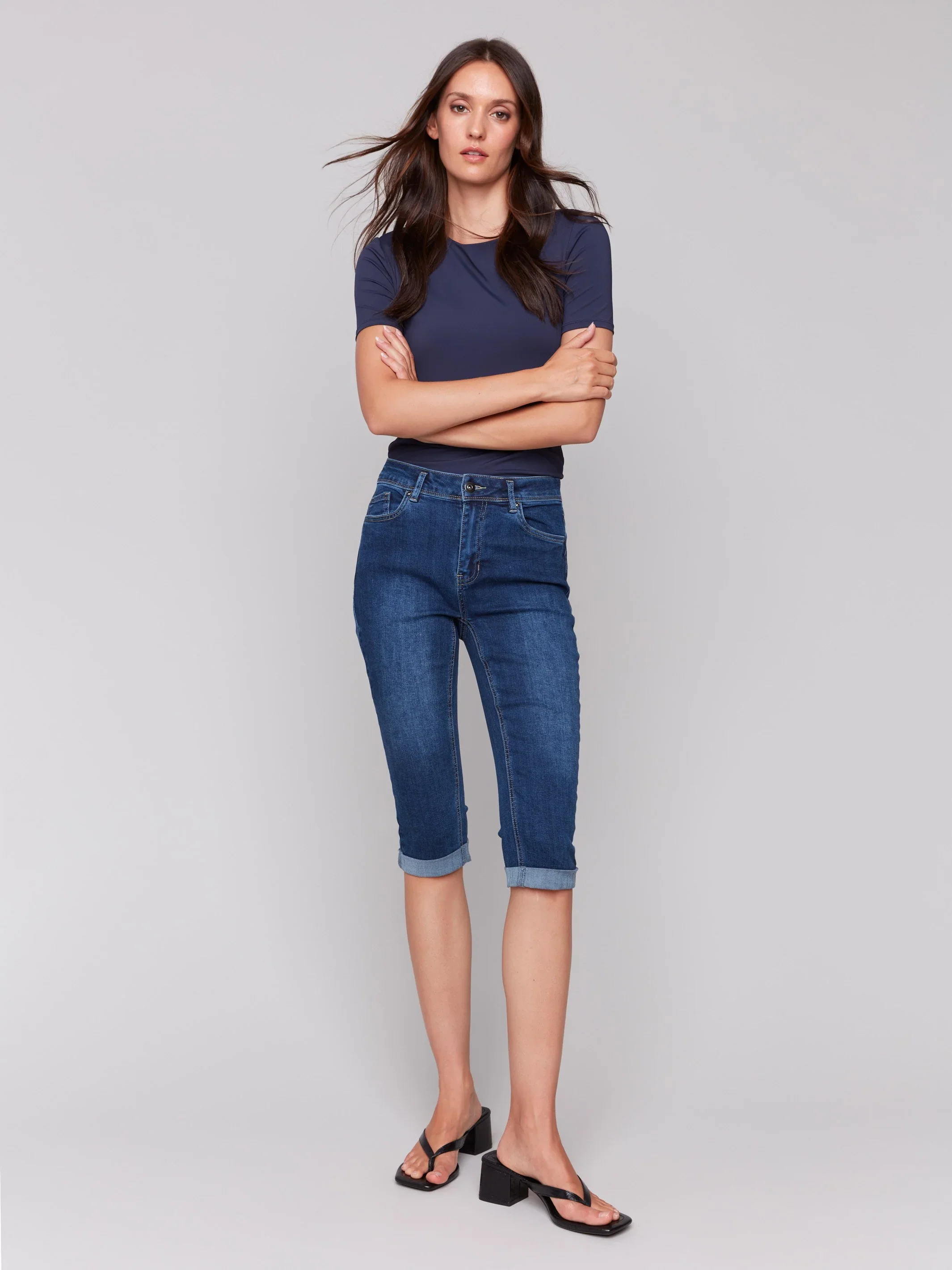 Charlie B-C5208WW-007-Stretch Denim Capri W/Cuffed Hem-Indigo