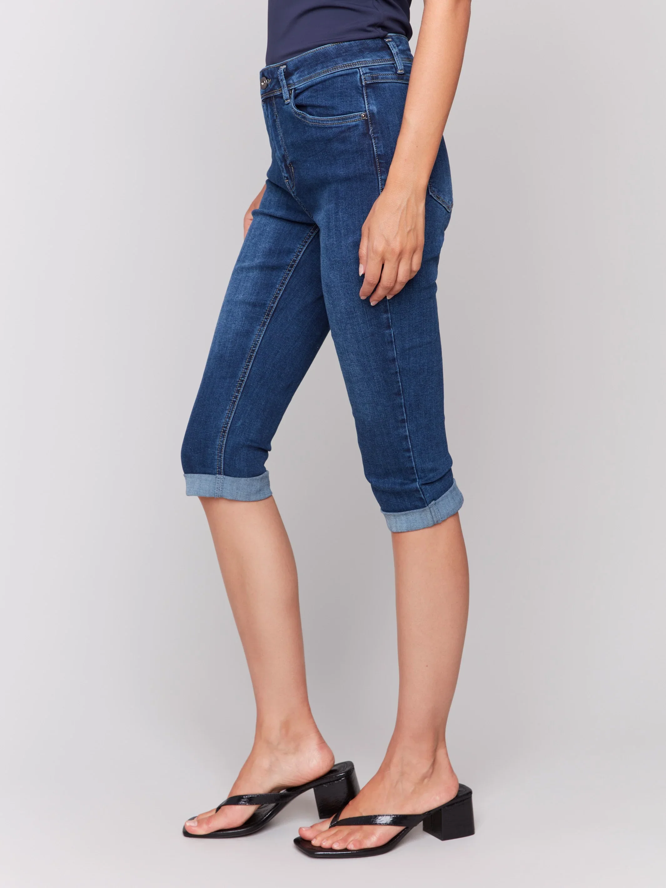 Charlie B-C5208WW-007-Stretch Denim Capri W/Cuffed Hem-Indigo - Image 4