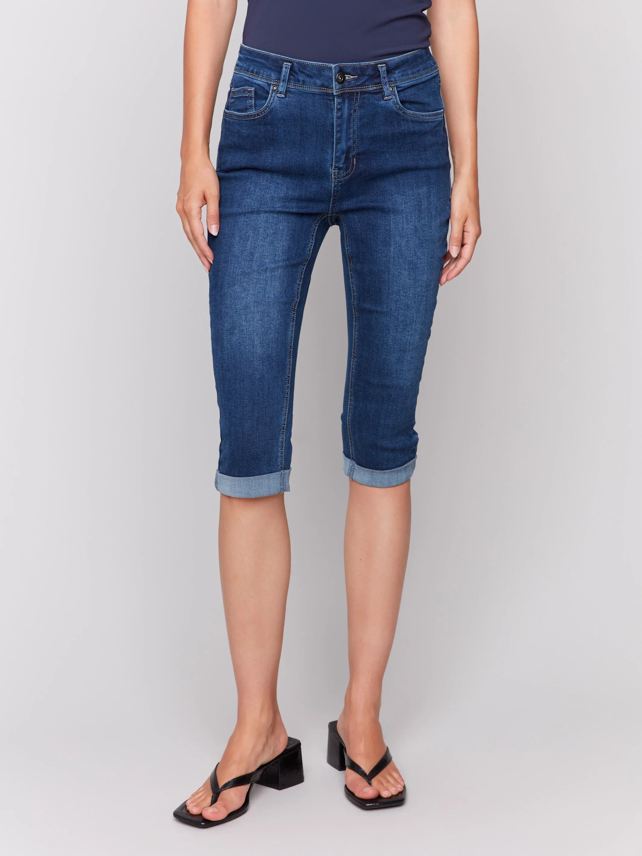 Charlie B-C5208WW-007-Stretch Denim Capri W/Cuffed Hem-Indigo - Image 5