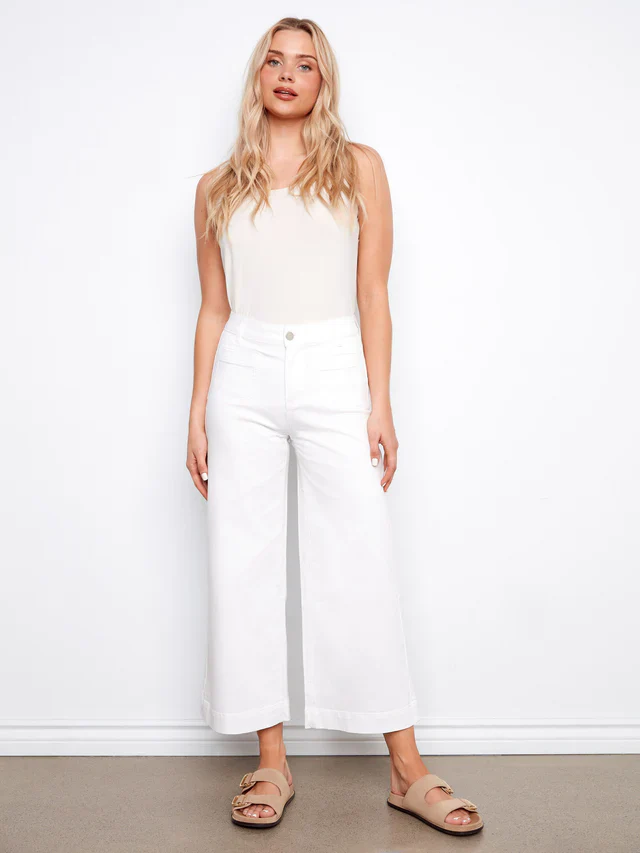Charlie B-C5538X-002-Twill Cropped Flare Leg Pants-White - Image 2