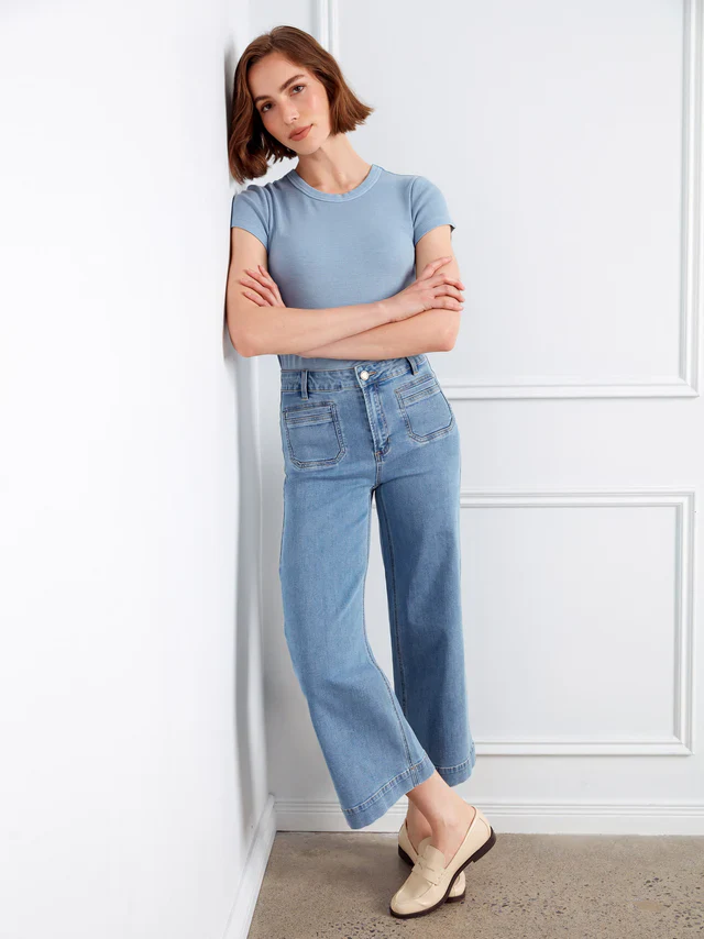 Charlie B-C5538X-538-Stretch Denim Cropped Flare Leg Pants-Blue Jean - Image 3
