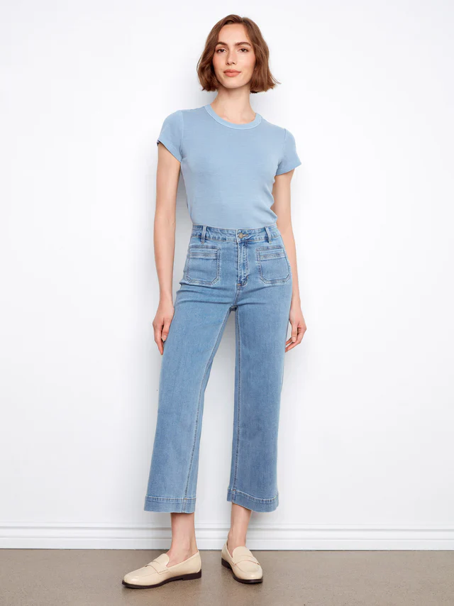 Charlie B-C5538X-538-Stretch Denim Cropped Flare Leg Pants-Blue Jean - Image 4