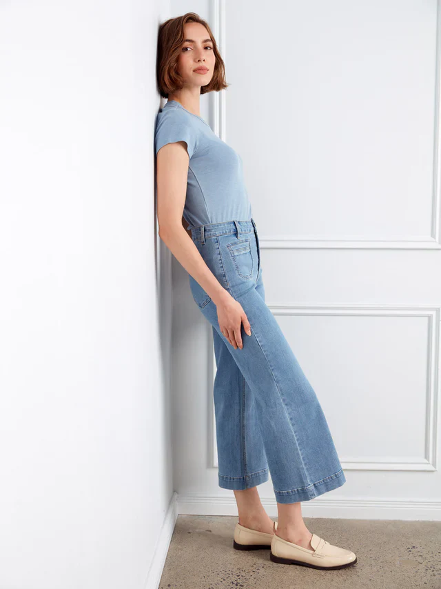 Charlie B-C5538X-538-Stretch Denim Cropped Flare Leg Pants-Blue Jean - Image 5