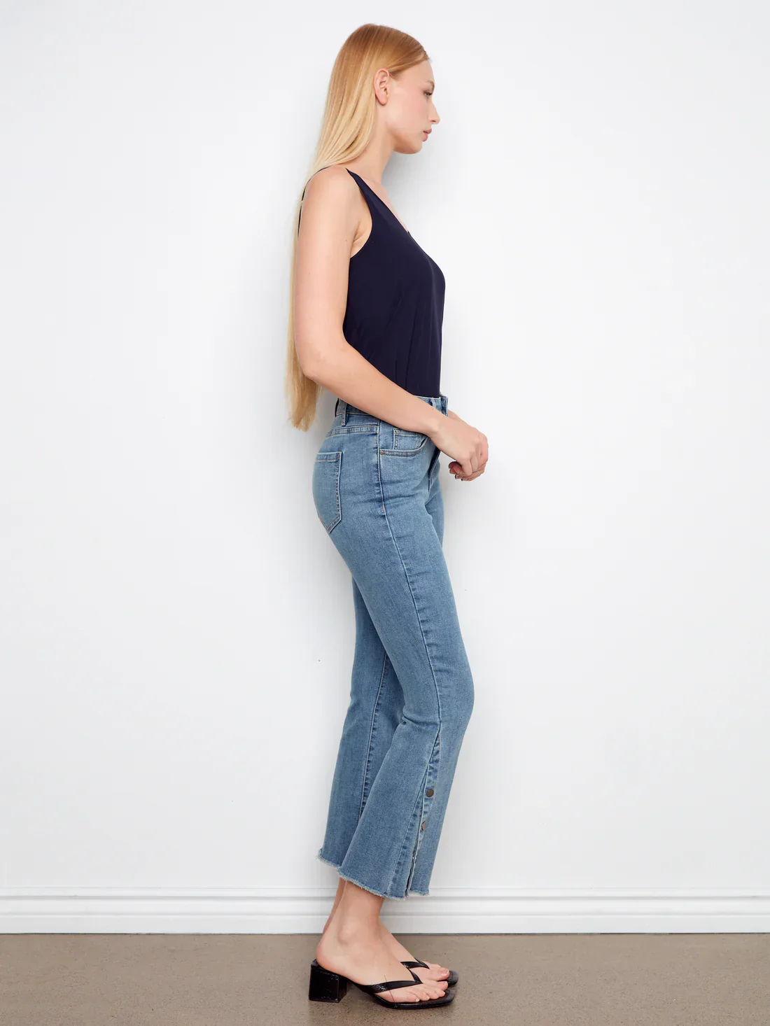 Charlie B - C5588-966-Denim Bootcut Leg Pants W/Side Snaps At Hem-Soft Blue - Image 4