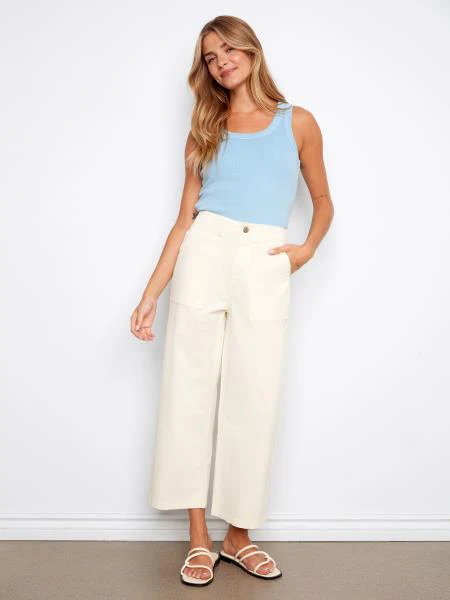 Charlie B-C5636R-100-Smooth Twill Narrow Leg Pants W/Patch Pockets-Natural