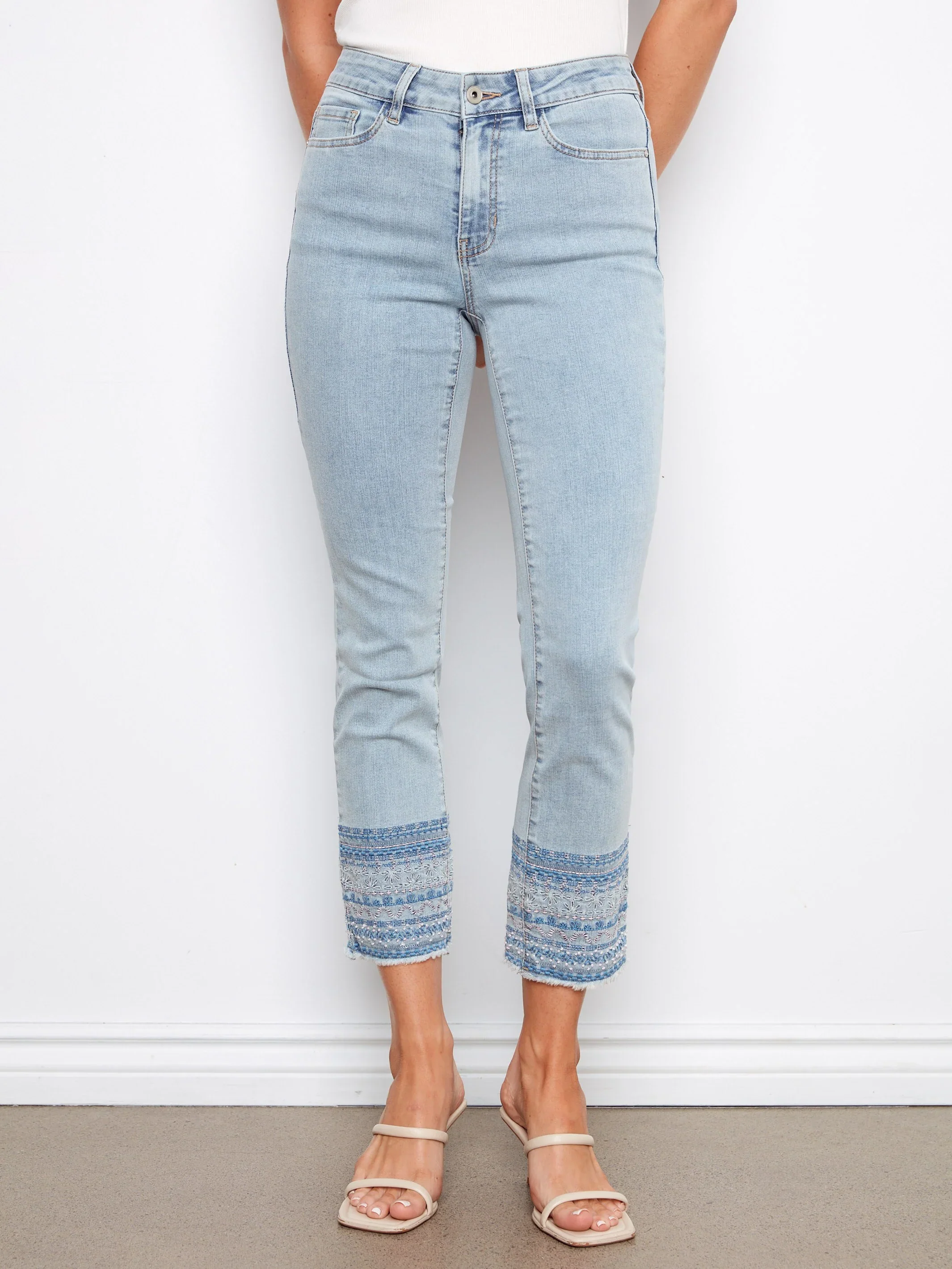 Charlie B-C5640R-140-Ring Spun Denim Slim Pants W/Hem Embroidery-LT Blue - Image 2