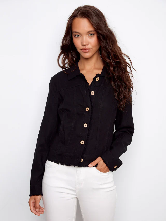 Charlie B-C6199YY-001-Linen Jacket W/Frayed Hem-Black - Image 4