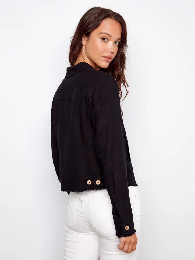 Charlie B-C6199YY-001-Linen Jacket W/Frayed Hem-Black - Image 5