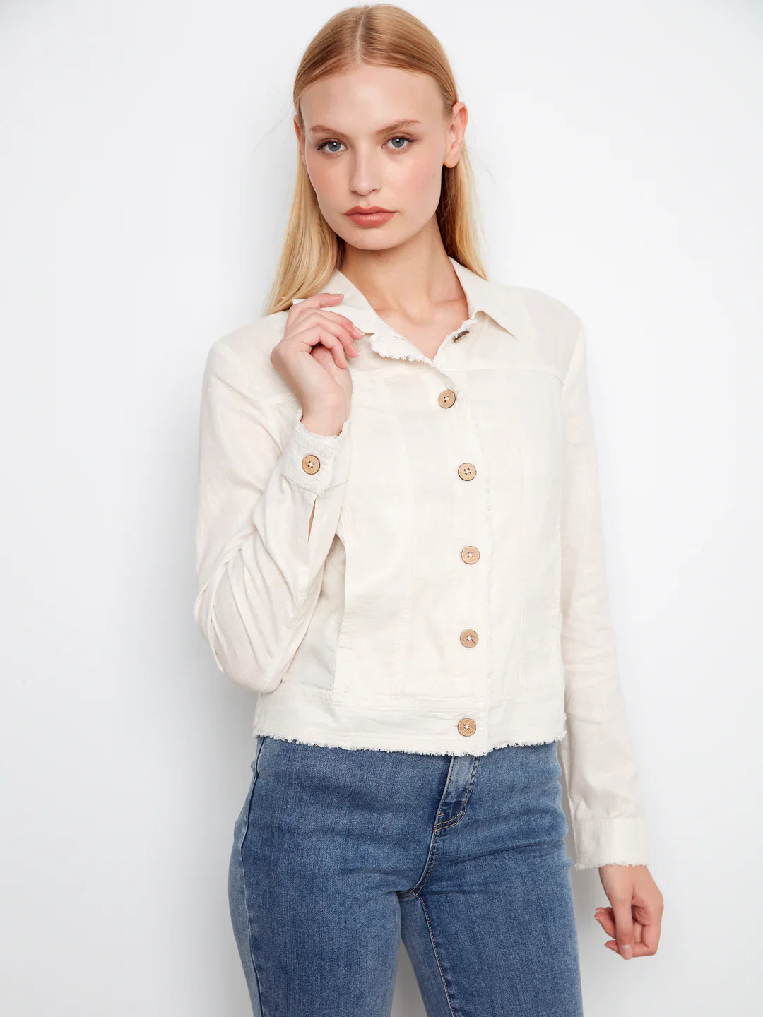 Charlie B-C6199YY-249-Foil Print Linen Jacket-Champagne