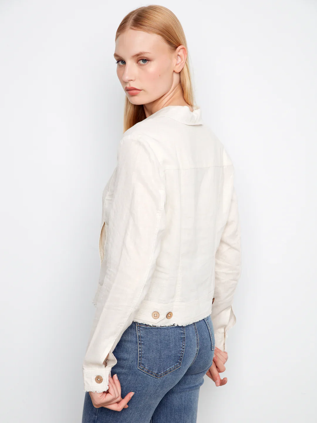 Charlie B-C6199YY-249-Foil Print Linen Jacket-Champagne - Image 6