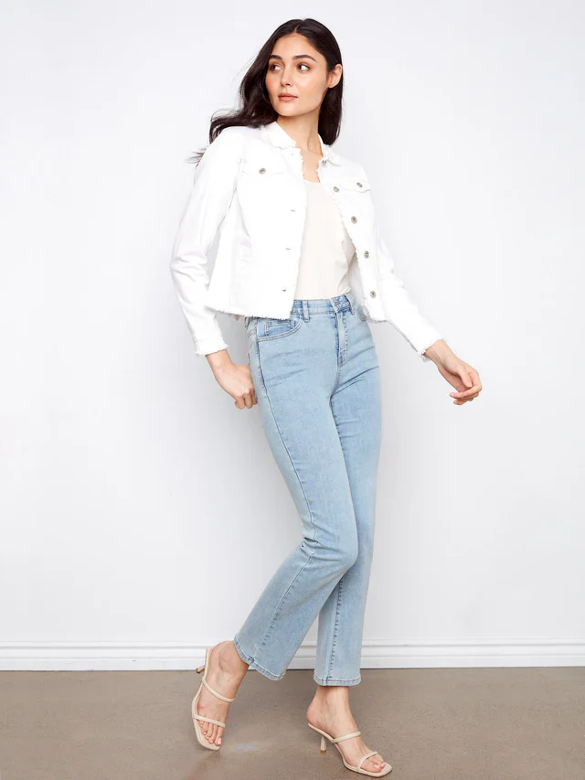 Charlie B-C6233XX-002-Fringe Edges Stretch Denim Jacket-White - Image 3
