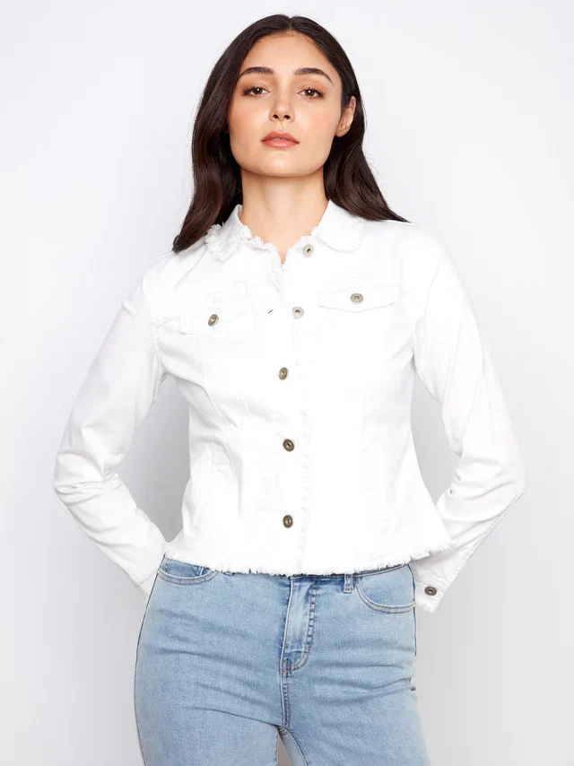 Charlie B-C6233XX-002-Fringe Edges Stretch Denim Jacket-White - Image 5