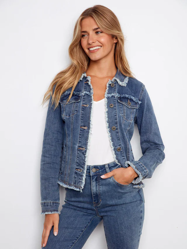 Charlie B-C6233XX-156-Fringe Edges Stretch Denim Jacket-Medium Blue - Image 5