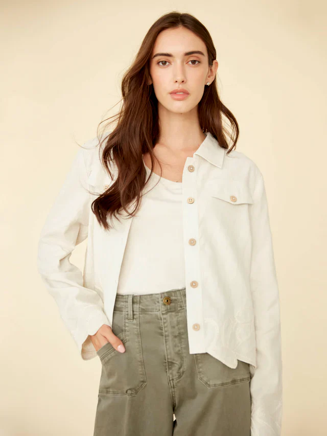 Charlie B-C6398-100-Linen Jacket W/Embroidered Hem-Natural - Image 2