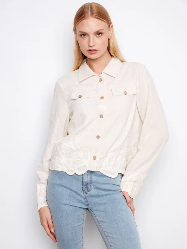 Charlie B-C6398-100-Linen Jacket W/Embroidered Hem-Natural - Image 6