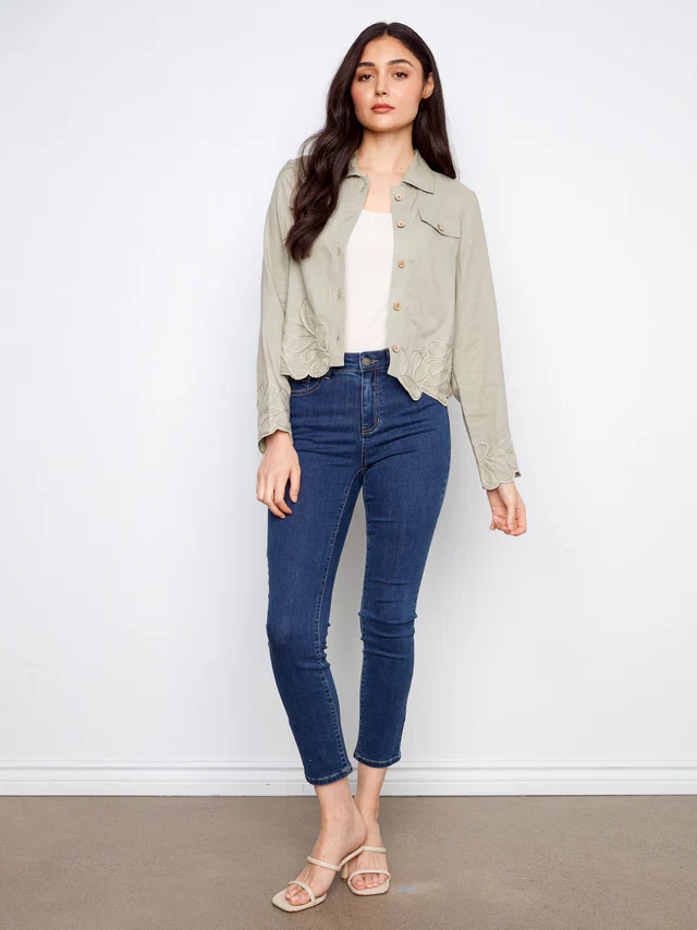 Charlie B-C6398-153-Linen Jacket W/Embroidered Hem-Sage - Image 2