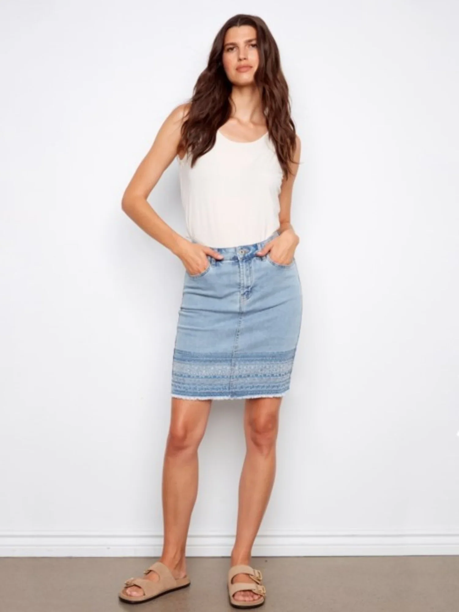 Charlie B-C7082R-140-Denim Skort W/ Beaded Embroidered Hem-LT Blue - Image 2