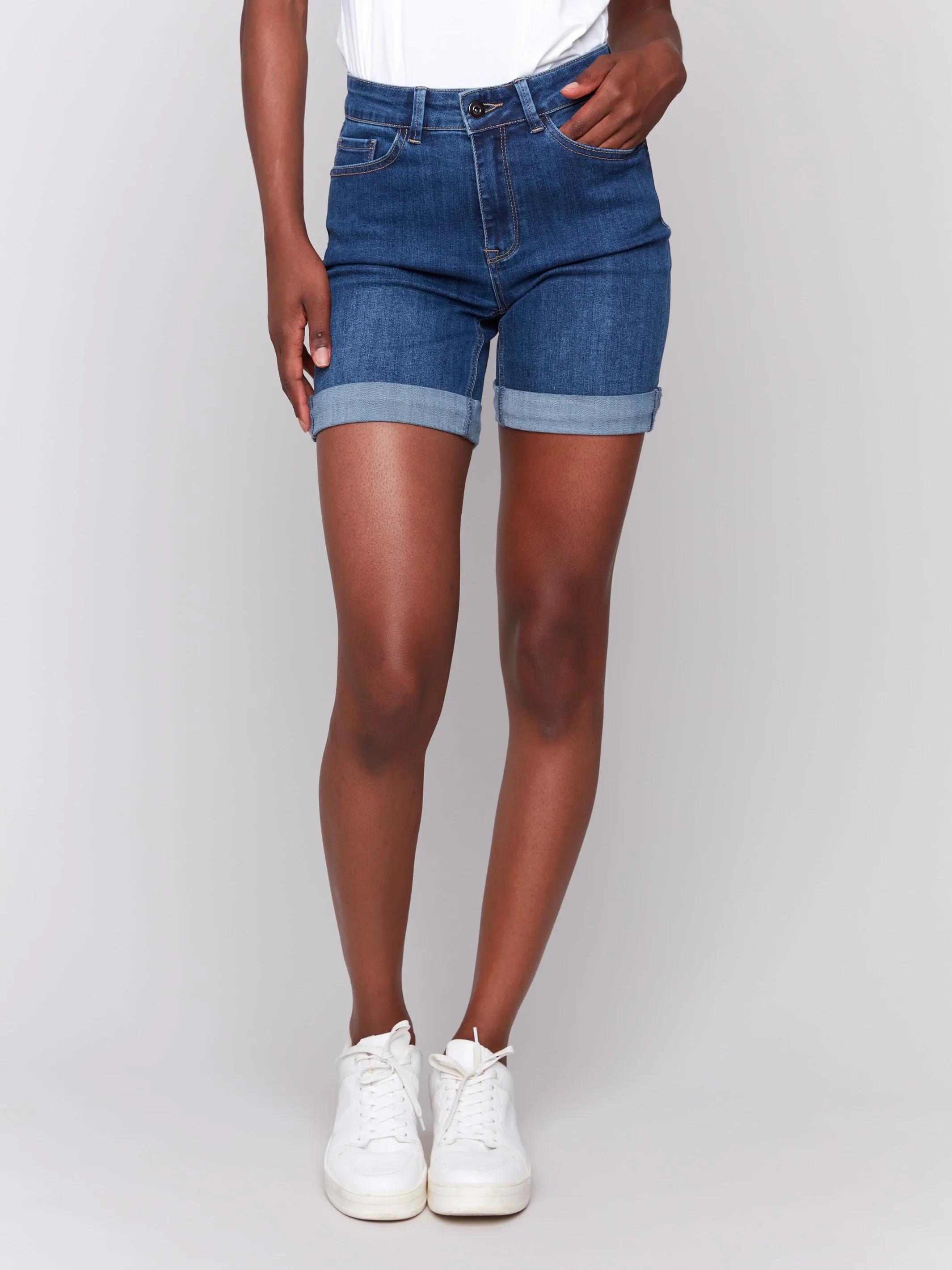 Charlie B-C8029TT-007-Stretch Denim Short Rolled Up Hem-Indigo - Image 4