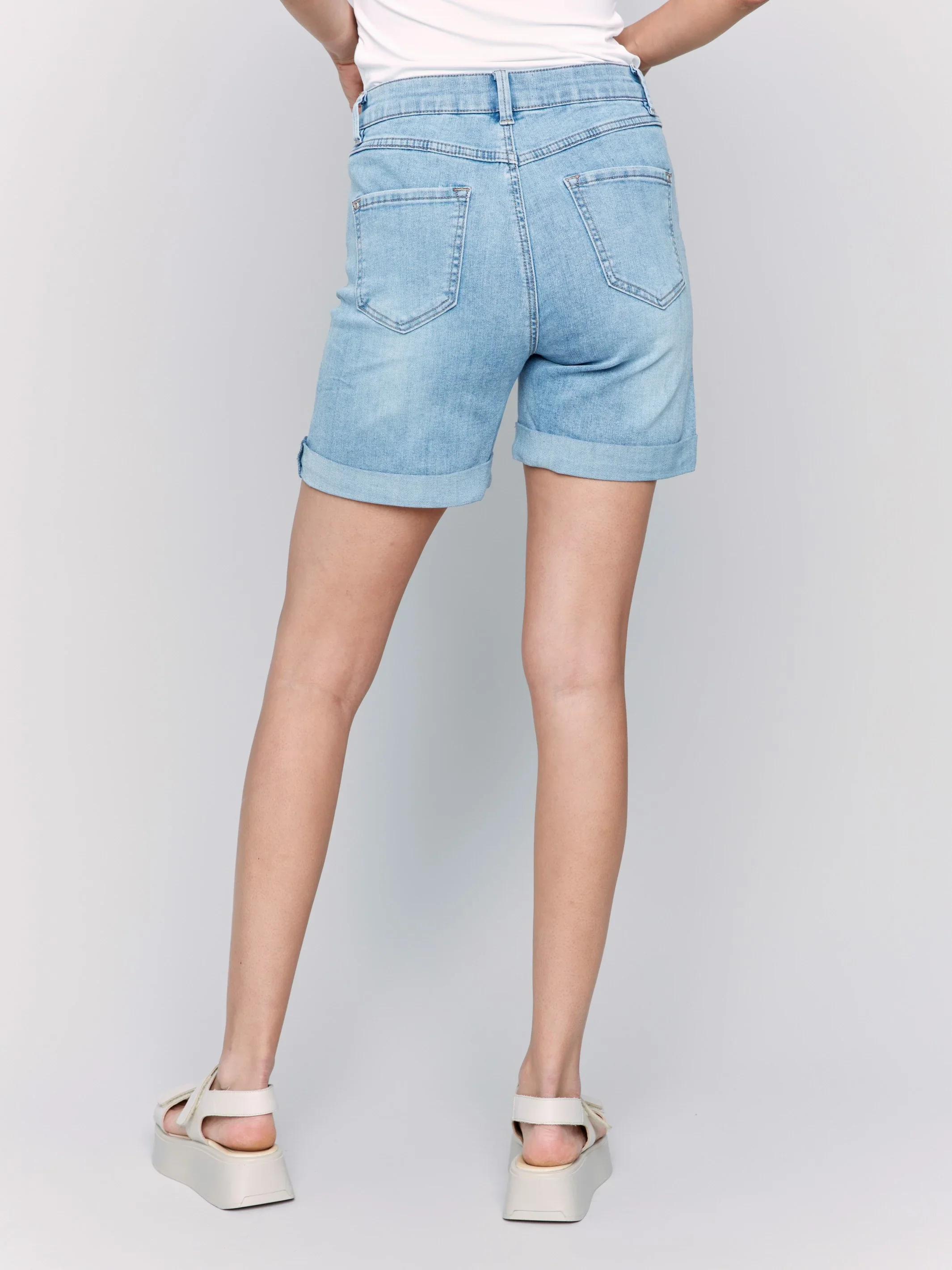 Charlie B-C8029TT-140-Stretch Denim Short Rolled Up Hem-LT Blue - Image 5