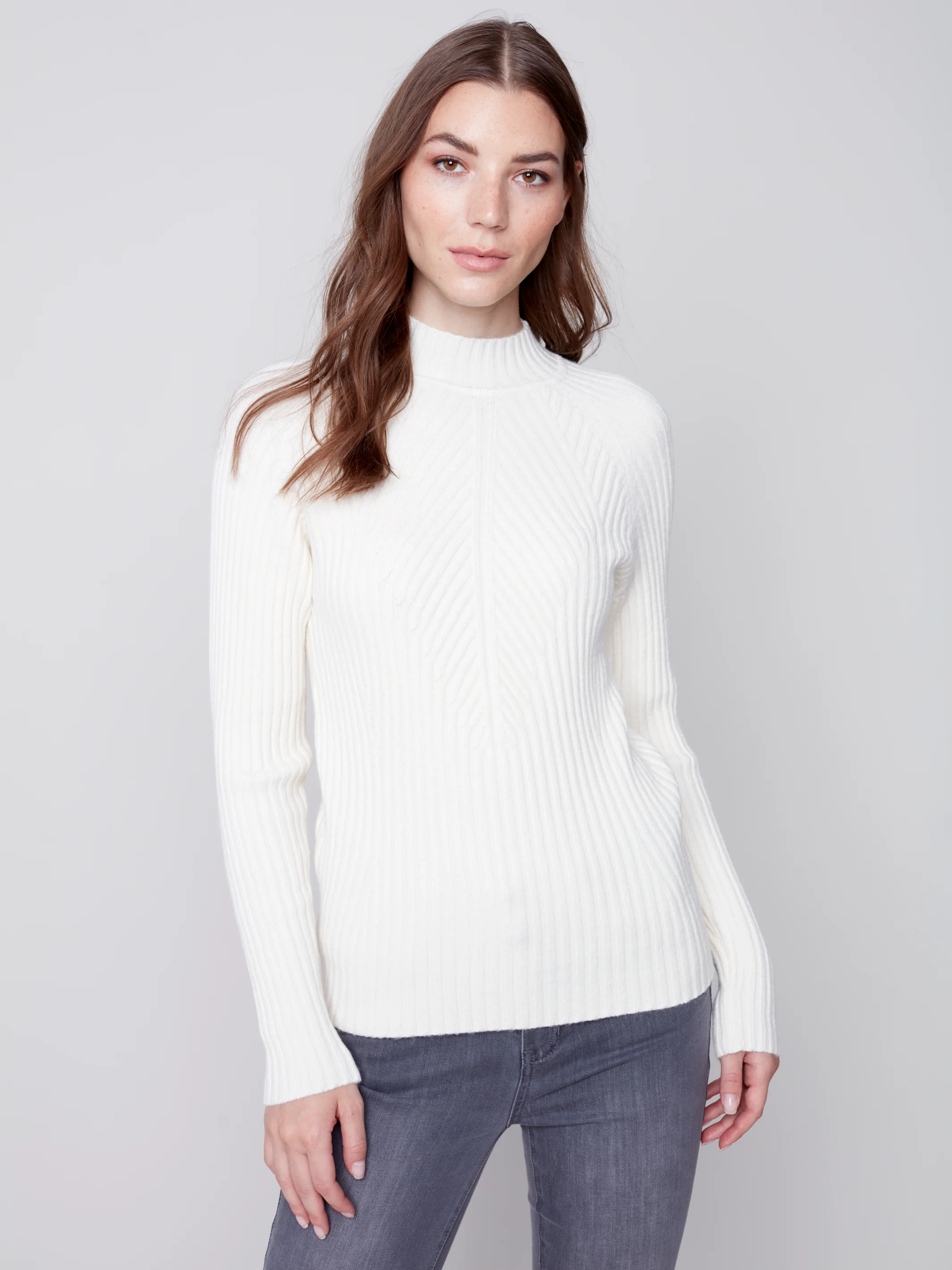 Charlie B -C2553-736A-Mock NK  Sweater -Ecru - Image 3